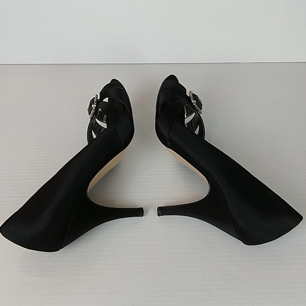 Caparros Black Satin Strappy Open Toe Black Onyx Rhinestone Jeweled Vamp Heel - Picture 8 of 13